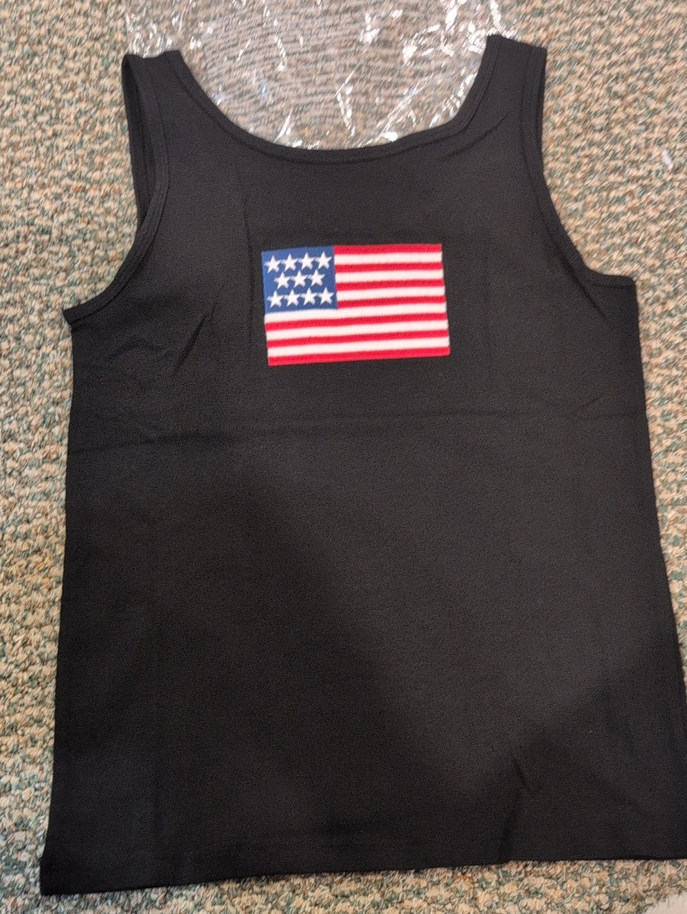 Zenana Size M Black Tank Top with American Flag Patch. NWT